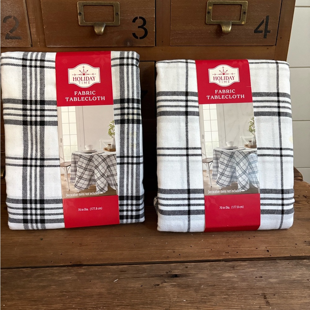 2 Holiday Time Classic Black and White Plaid round Tablecloths